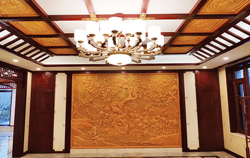 七里河中式别墅客厅中式木作横梁吊顶装饰展示